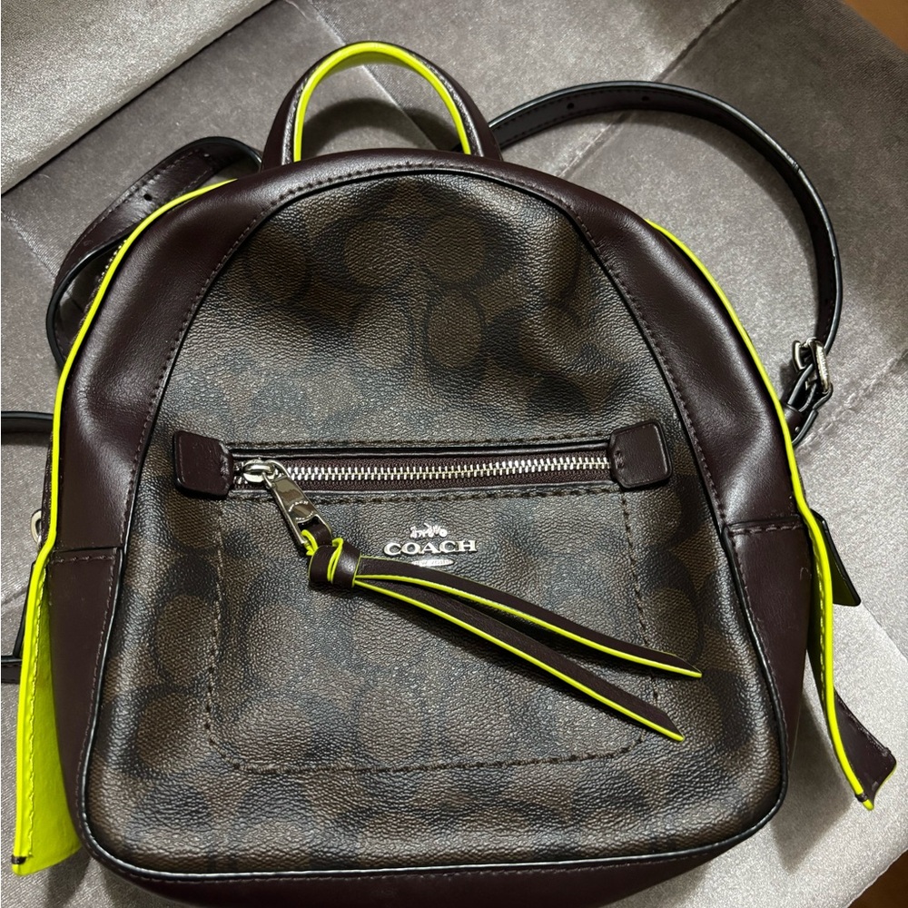 Coach Signature Mini Backpack – Brown with Neon Green Trim